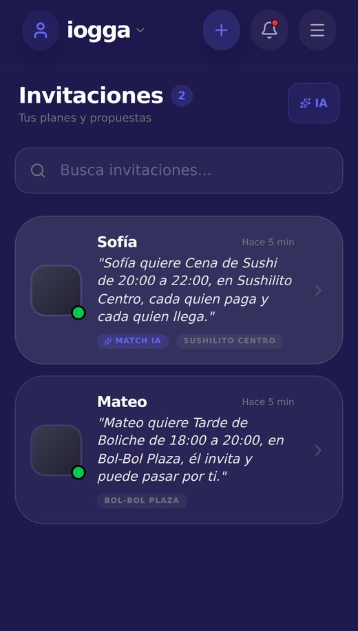 Pantalla de invitaciones de iogga con planes de amigos y su horario, lugar y presupuesto