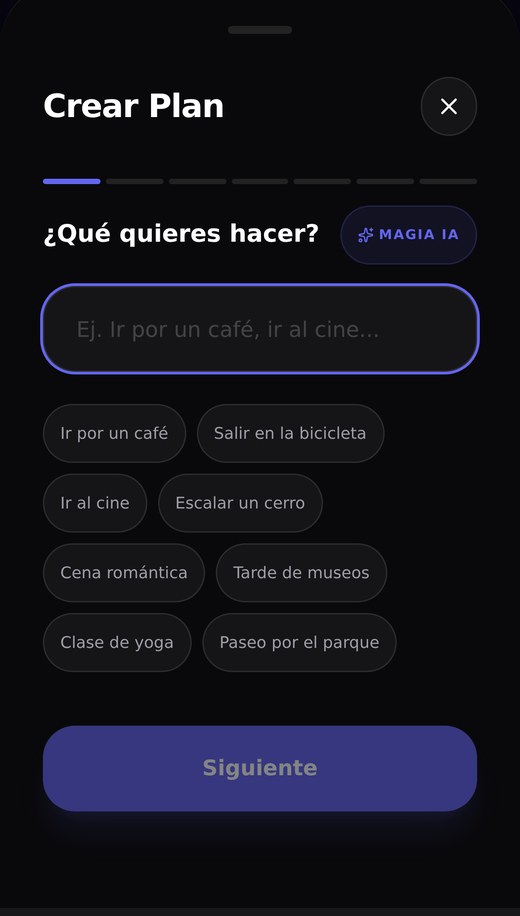 Pantalla de iogga para crear un plan, con sugerencias como ir por un café o al cine